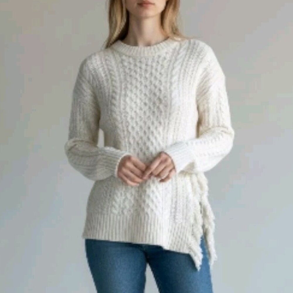 XXS J. CREW Cotton & Wool Sweater - Chunky Cable Knit w/ Slit and Fringe